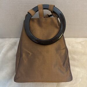 EARTH SQUARED EDINBURGH BRAND HANDBAG BROWN LUCITE RING HANDLES IRRIDESECENT